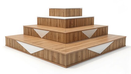 Modern Minimalist Wooden Pyramid Display Stand: Four-Tiered, Light Oak Finish with White Geometric Accents, Clean Studio Shot, Product Presentation, Retail, Advertising.
