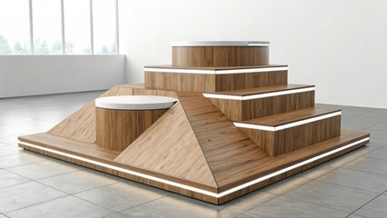 Modern minimalist wooden display platform with illuminated edges, showcasing product placement opportunities in a contemporary setting, ideal for retail or corporate branding.