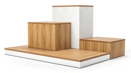 Modern Minimalist Wooden Display Stand with White Accents: Product Presentation Platform, Clean and Elegant Design, Ideal for Retail or Showroom Displays.