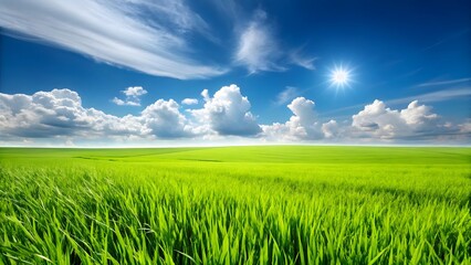 Obraz premium Lush Green Grass Field Under Blue Sky with Sun and Clouds – Nature Landscape Background
