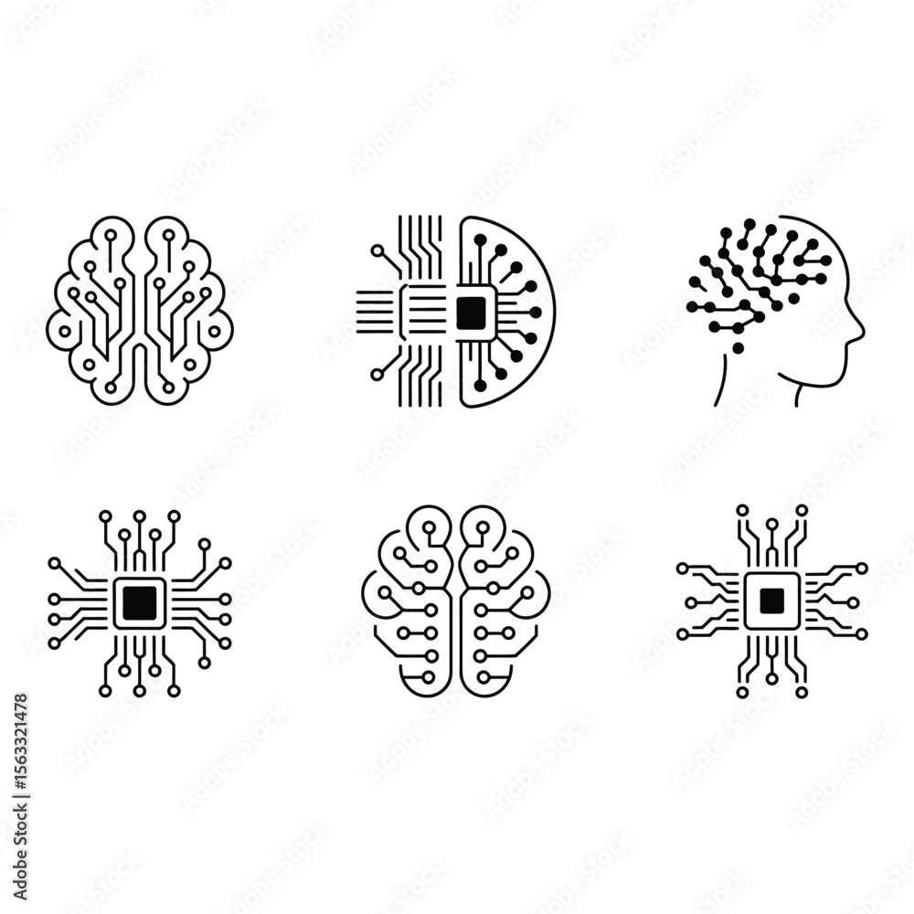 Poster artificial intelligence brain circuitry abstract line art icons set modern technology concept clean 