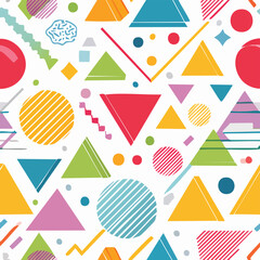 Seamless vector background with colorful geometric shapes like triangles, circles, and lines in retro 80s Memphis style, bold and playful, tileable and editable