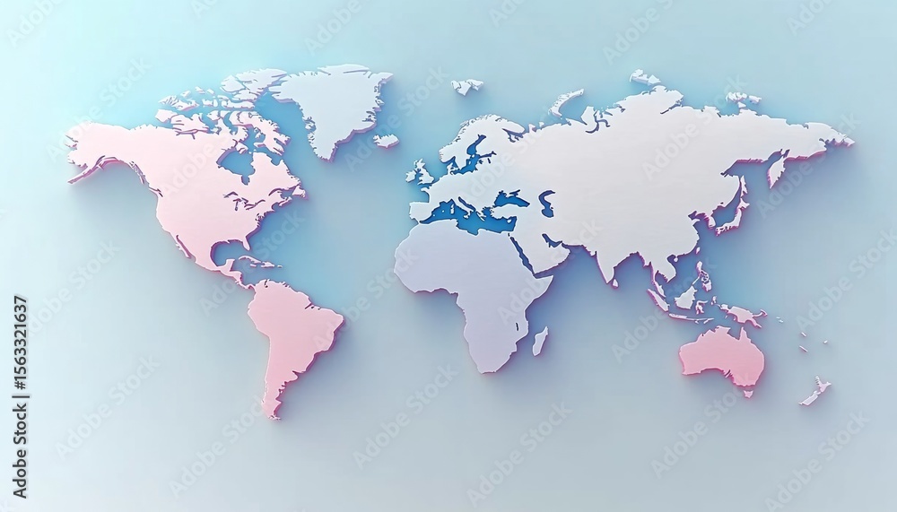Poster artistic 3d representation of a pastel world map featuring continents and oceans in soft colors