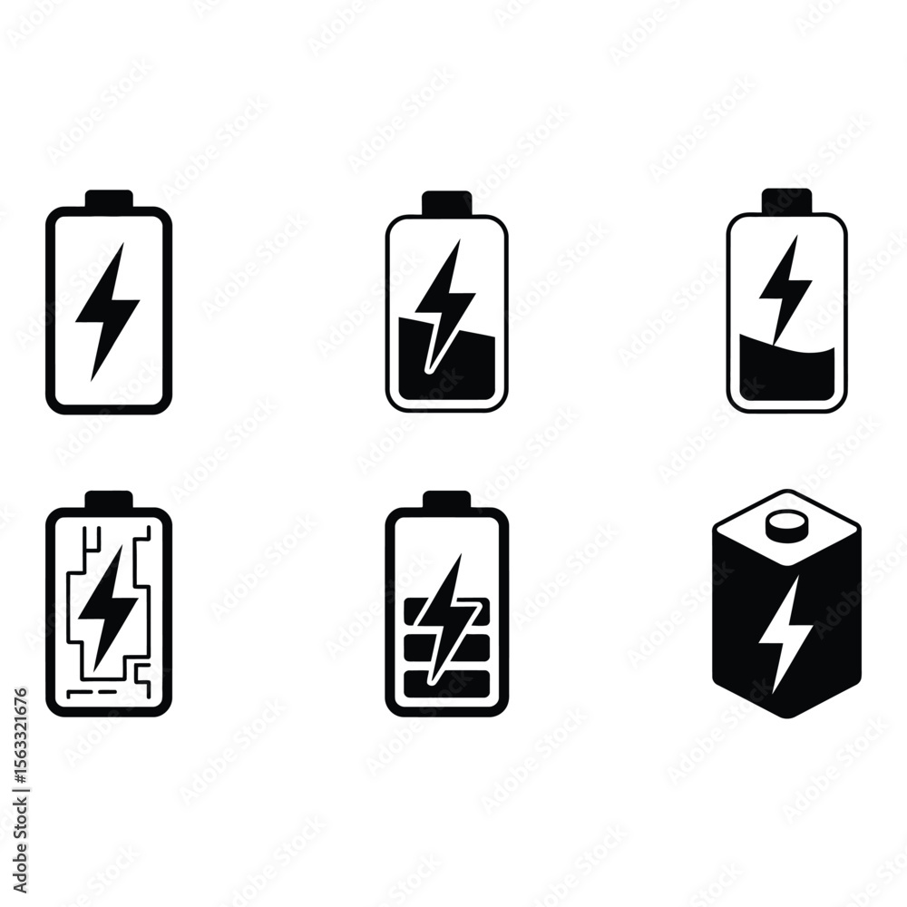 Poster battery power level icons full low empty circuit and cube designs in bold black and white