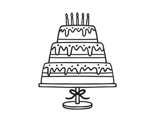 High three tiers birthday cake with candles on white background