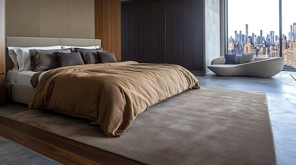 Cozy brown bedroom with neutral bed linens, soft carpet underfoot, concrete and wood floor detail, cityscape view from wide window, elegant wardrobe and sculptural grey sofa
