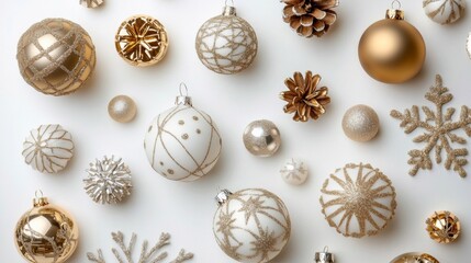 Fototapeta premium Elegant Christmas Arrangement with Golden and White Ornaments on a Pristine Background