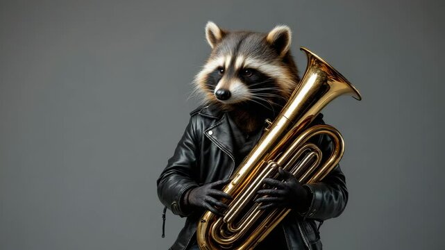 Raccoon in leather jacket holding tuba