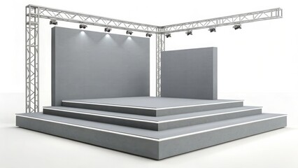 Modern Minimalist Exhibition Stage: Three-Tiered Platform with Integrated Lighting, Blank Backdrop, and Sleek Metal Truss Structure, Ideal for Product Displays or Presentations.