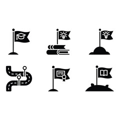 Black and white vector icons education ideas achievement path to success Roadmap to graduation knowledge milestones