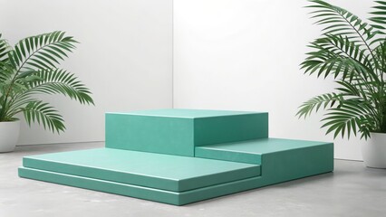 Modern minimalist product display:  serene teal platform steps with lush tropical plants, clean white backdrop, showcasing elegant product placement for sophisticated branding.