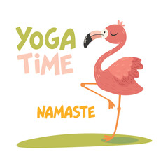 Cute cartoon flamingo in yoga pose. Character bird vector illustration. Isolated on white.