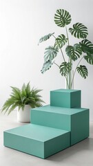 Modern minimalist product display: three-tiered pastel green podium with lush monstera deliciosa and fern plants against a clean white backdrop, creating a serene and sophisticated mood.