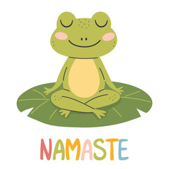 Cute frog sitting in lotus pose and meditating. Vector illustration.
