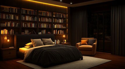 Cozy modern bedroom with dark tones, a reading corner with armchair and bookshelf, and warm overhead lighting