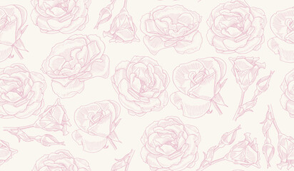 Rose Seamless Pattern flowers in pink vintage style. Gentle pastel color floral hand drawn wallpaper for scrapbooking, invitations, package design, fabric print. Holiday botanical background. 