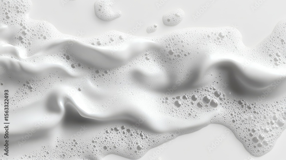 Poster close-up view of creamy white soap foam with bubbles on a smooth surface, gentle waves and texture
