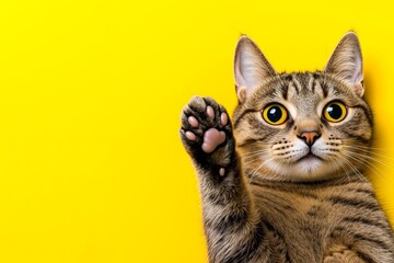 Obraz premium A cat with its paw up in the air on a yellow background