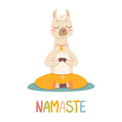 Cute lama in a yoga pose on a white background. Cute children's style. Cute relaxed llama in meditation pose. Alpaca. Vector illustration in cartoon style.