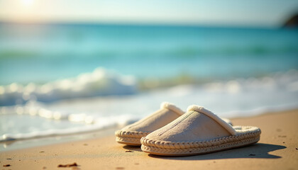 Beach slippers on sandy shore with serene mood and blurred ocean background