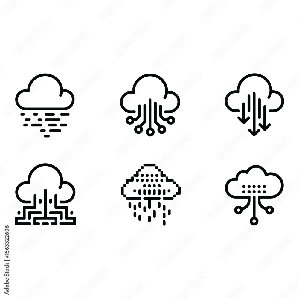 Poster cloud computing icons modern line art set for network data and digital technology concepts