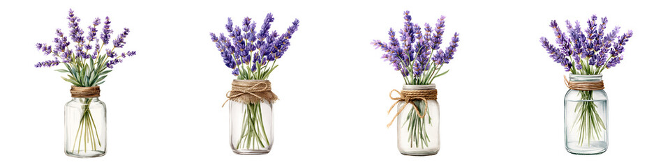Fototapeta premium Lavender Flower Bouquets in Jars Collection on White Background