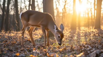 Beautiful deer grazing in a sunlit forest at morning