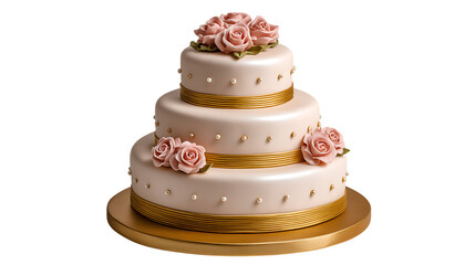 Elegant three tier pale pink wedding cake adorned with delicate pink roses and gold ribbon accents isolated on transparent background