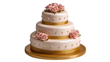 Elegant three tier pale pink wedding cake adorned with delicate pink roses and gold ribbon accents isolated on transparent background