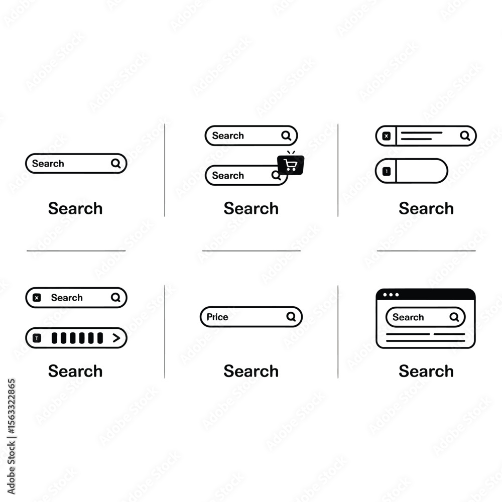 Poster collection of minimalist black and white search bar ui icons for website and app design