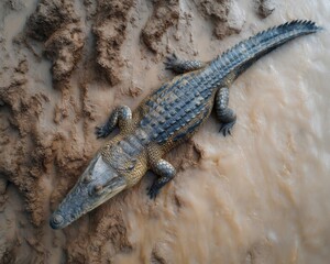Dark Brown Crocodile on Muddy Riverbank