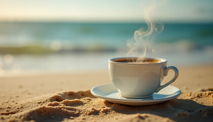 Steaming coffee cup on sandy beach with tranquil mood and blurred ocean background