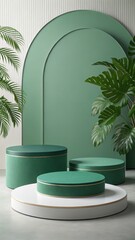 Serene Green Product Display:  Elegant Cylindrical Platforms, Lush Tropical Foliage, Minimalist Arch Background, Modern Studio Setting,  Sophisticated Branding Mockup, High-Resolution Image.
