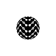 A black 3D globe icon featuring a seamless circuit-link pattern, resembling digital pathways or blockchain connections. This abstract, futuristic design symbolizes global connectivity, smart technolog