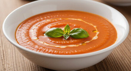 A close up shot of tomato soup in a white bowl with basil garnish on a wooden surface top view