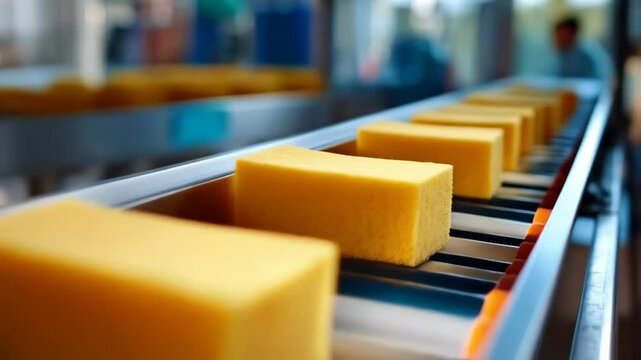 Cheese blocks moving along an automated conveyor belt. The scene captures the efficiency of food processing