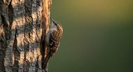 Fototapeta premium Brown Creeper Bird Perched on Tree Bark, Looking Upward in Sunlight