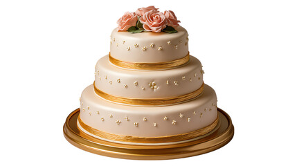 Elegant three tiered wedding cake adorned with delicate pink roses and gold ribbon accents isolated on transparent background