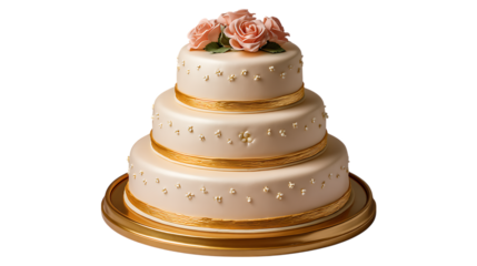Elegant three tiered wedding cake adorned with delicate pink roses and gold ribbon accents isolated on transparent background