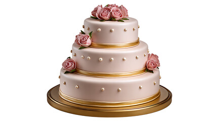 Elegant three tiered pink wedding cake adorned with delicate pink roses and gold ribbon accents isolated on transparent background