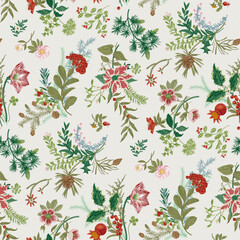 Seamless christmas pattern. Winter flora. Colorful