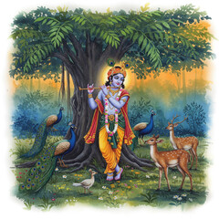 Fototapeta premium Lord Krishna Playing Flute Under Banyan Tree with Peacocks and Deers