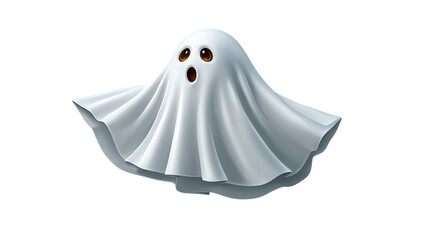 Cute cartoon ghost with wide eyes and open mouth floating and waving its sheet isolated on transparent background