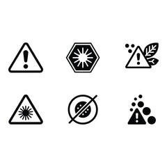 Collection of Six Bold Black Warning Icons Hazard UV Allergen Laser Nut Free and Particle Alerts
