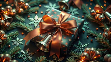 Festive gift with copper ribbon and silver bells surrounded by pine branches and snowflakes wrapping