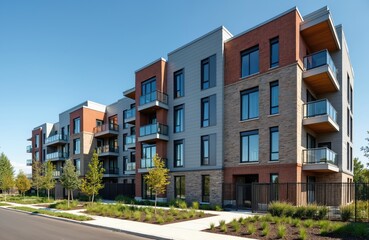 Obraz premium Modern apartment complex facade on sunny day with landscaped grounds. Residential building exterior with balconies. Urban housing with new construction, modern design, contemporary architecture. Real