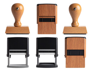 Wooden rubber stamps mockup set - different angles on transparent background for branding and office supplies