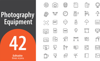 Photography Equipment Line Icons, Camera, Tripod, Flash, Drone, Light Stand, Editable Formats: AI, EPS, JPG, PNG, Ideal for Both Digital and Print Use

