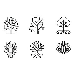 Collection of six minimalist circuit board tree icons modern clean line art technology nature growth concepts