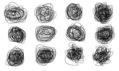Hand Drawn Frustration and Emotion Scribble Set in Manga Comic Style. Worried, crumpled, round and round, upset, Isolated Doodles on Transparent Background